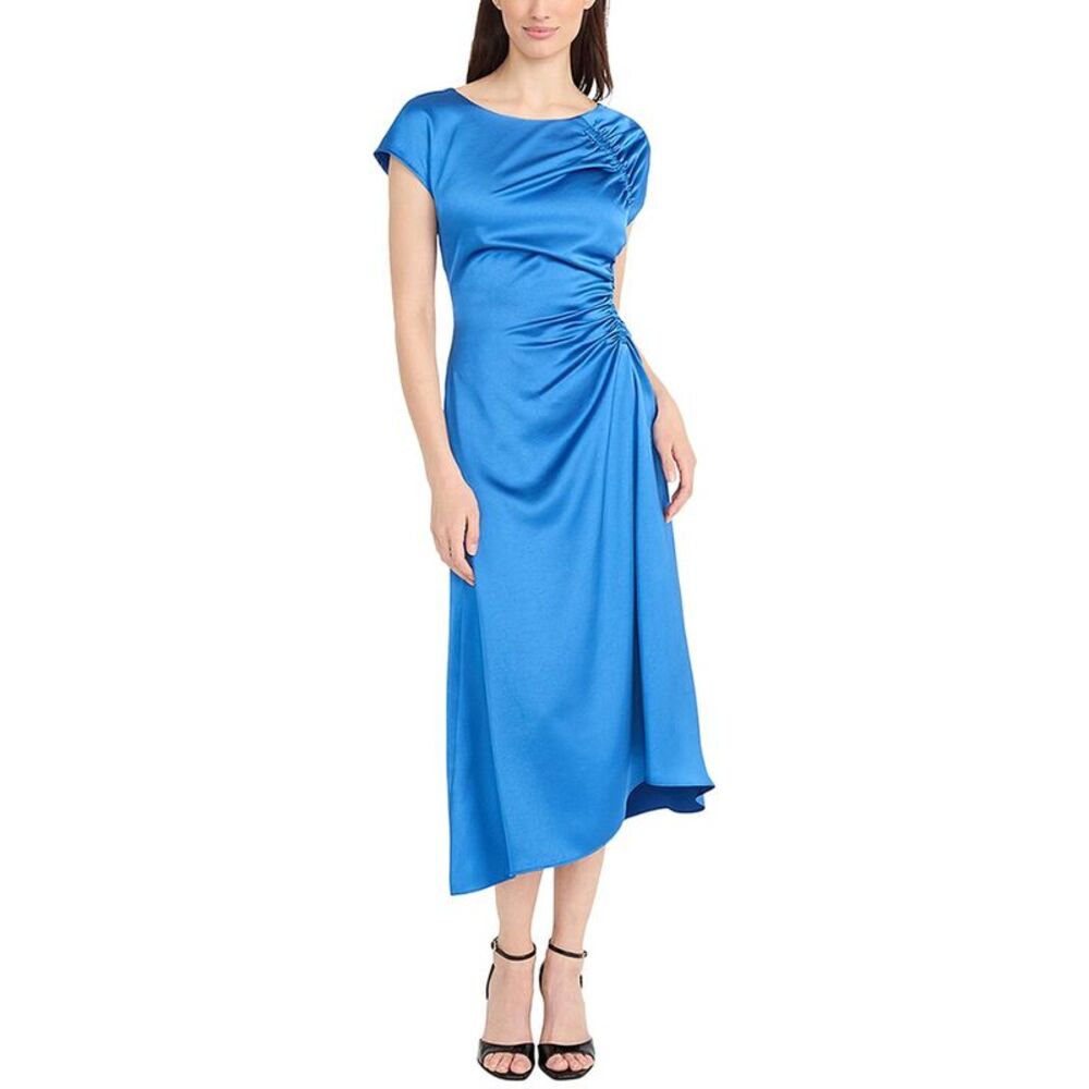 Maggy London | Blue Satin Assymetrical Side Ruched Midi Dress Size 18